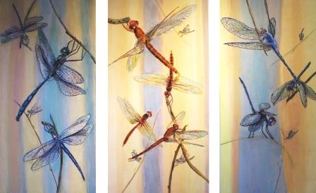 Marjorie Lynne Wagner, from left: Hines Emerald, Scarlet Skimmer, and Elfin Skimmer (triptych). Acrylic.